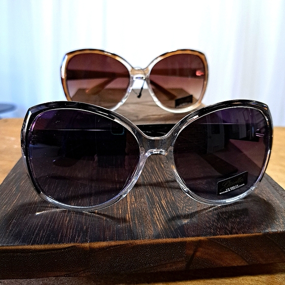 giselle Accessories - TWO PAIR Oversized Sunglasses/Shades, trendy black & brown big lens